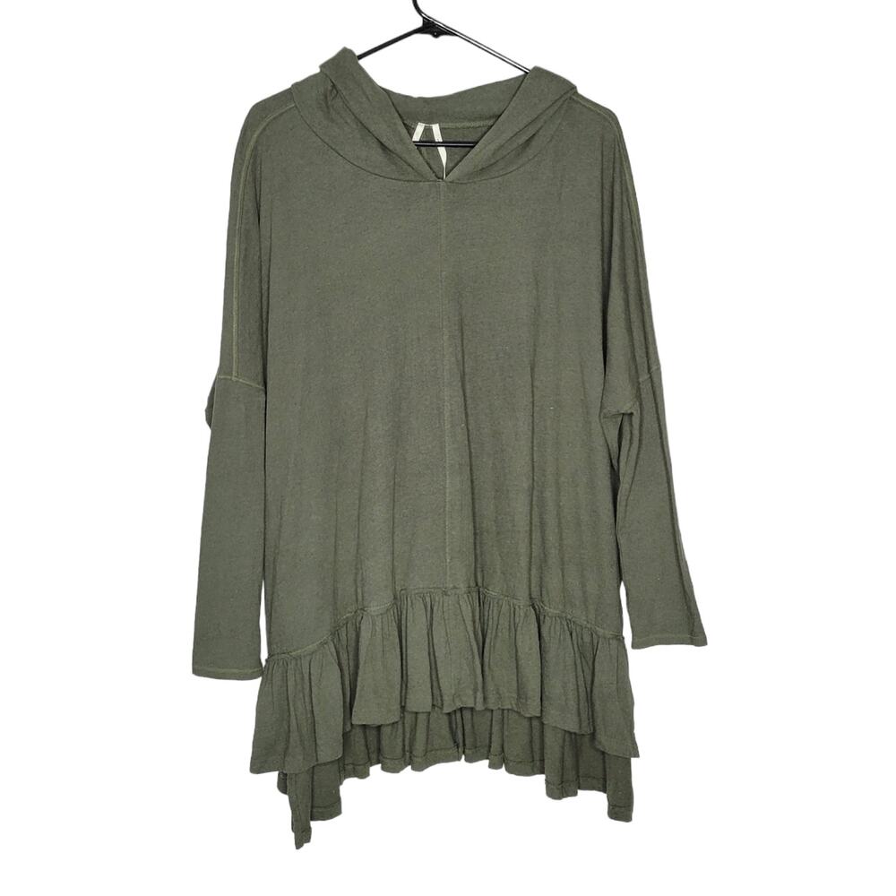By Anthropologie S/M Green Ruffled Linen Blend Pullover Hoodie Top